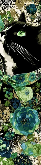 Cat bookmarks featuring a looking up black and white cat with green plants